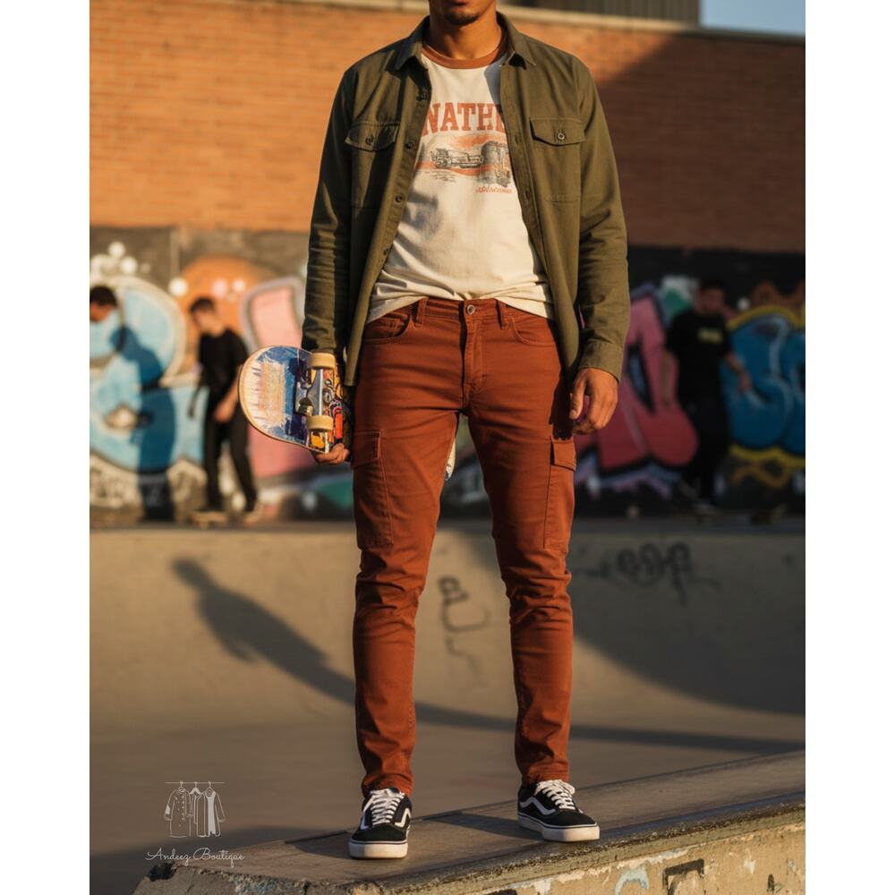 OG Jeans Mens 36x32 Skinny Fit Rust Khaki Cargo Pants Skater Streetwear (F0522)